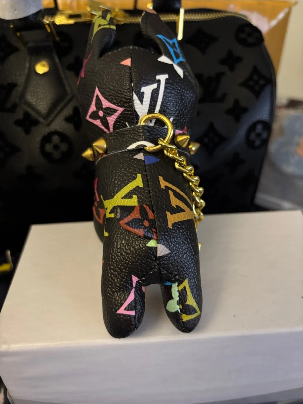 Brand New !  Multicolor Monogram Leather Dog Charm - Black